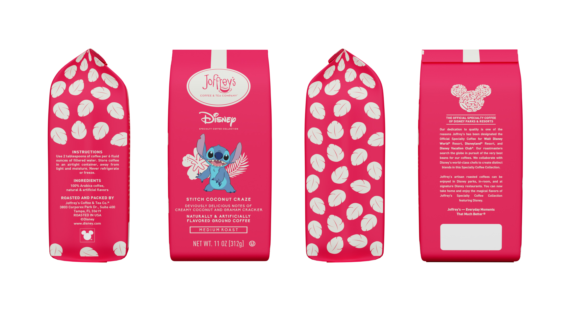 All sides of a package of Joffrey’s Stitch Coconut Craze; its bright pink packaging features a photo of Stitch and white tropical leaves. 