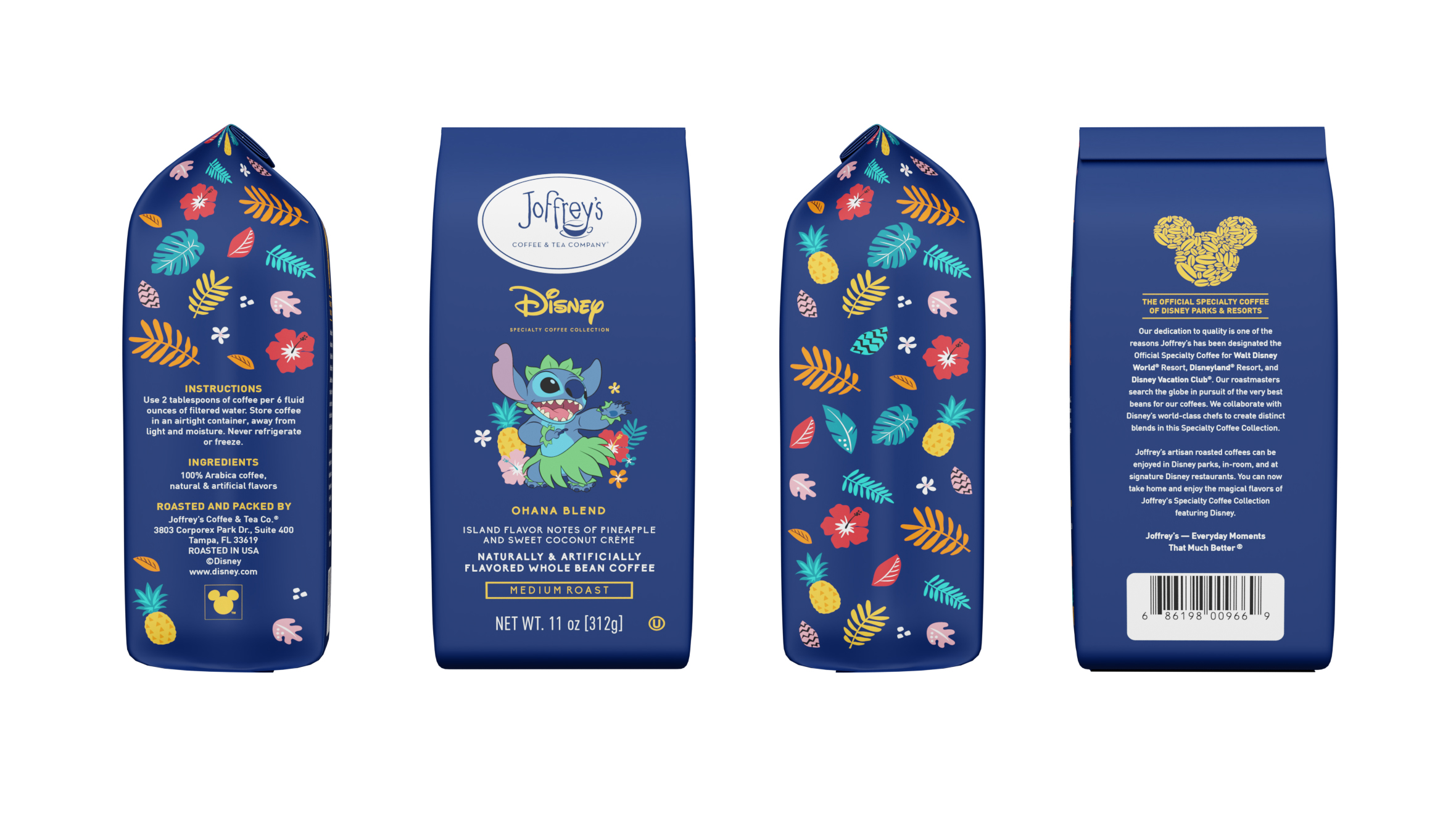 All sides of a package of Joffrey’s Stitch Coconut Craze; its blue packaging features tropical flowers and a photo of Stitch dancing hula.