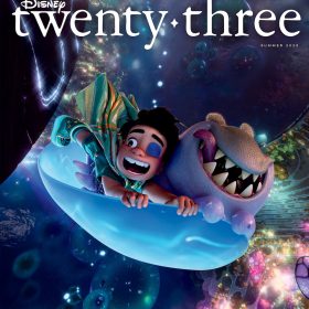Cover of the Disney twenty-three Summer 2025 issue featuring Elio and a grinning alien companion from Pixar's upcoming film Elio, soaring through a vibrant, cosmic landscape filled with glowing shapes and floating bubbles.