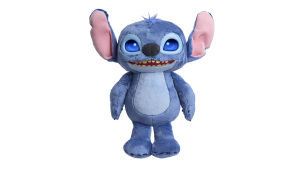 A standing plushie of a smiling Stitch with LED eyes against a white background.