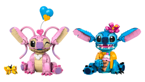 A LEGO version of Angel (left) and Stitch (right) sit side-by-side. Angel is pink and has a blue balloon rising from her head; Stitch is blue, has a pink flower on his head, and is holding an ice cream cone.
