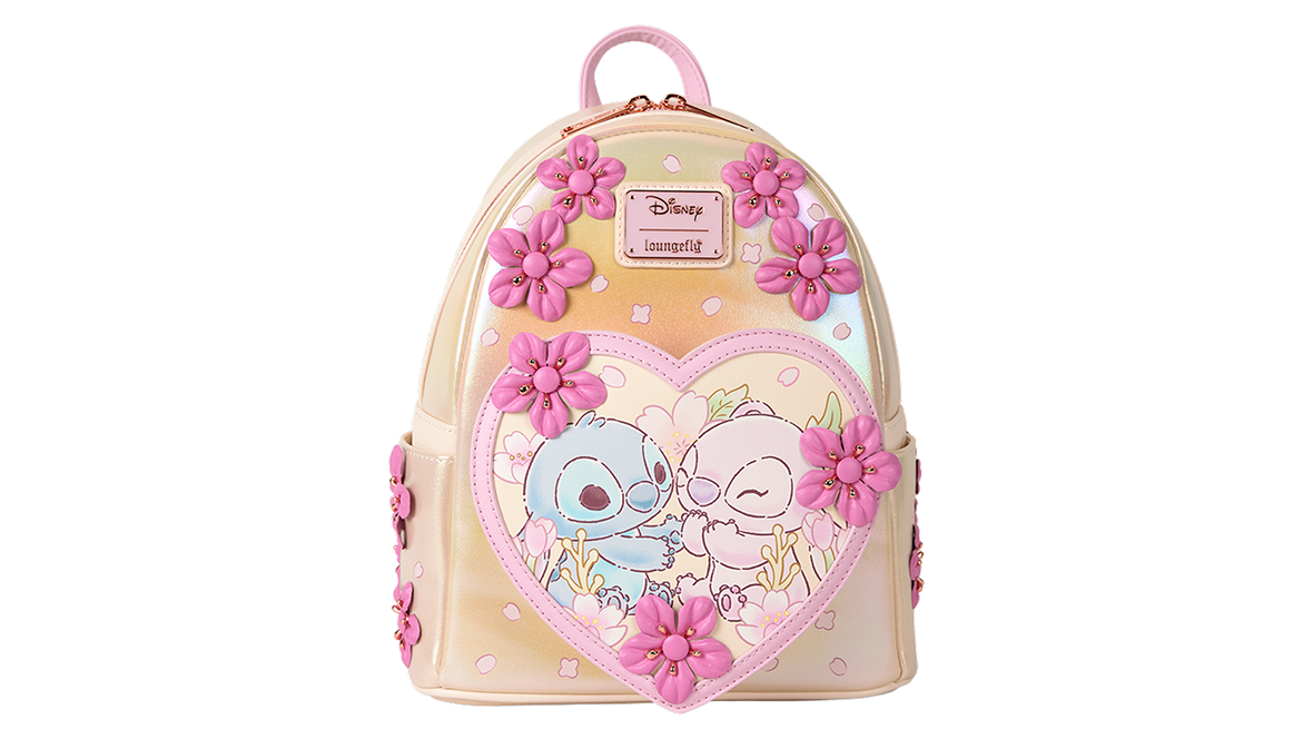 Loungefly’s pastel vegan leather backpack with 3D pink hearts, a heart-shaped front pocket, and a picture of Stitch and Angel surrounded by flowers. 