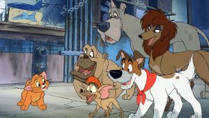 Dodger and his group of stray dogs from Oliver & Company meeting Oliver.