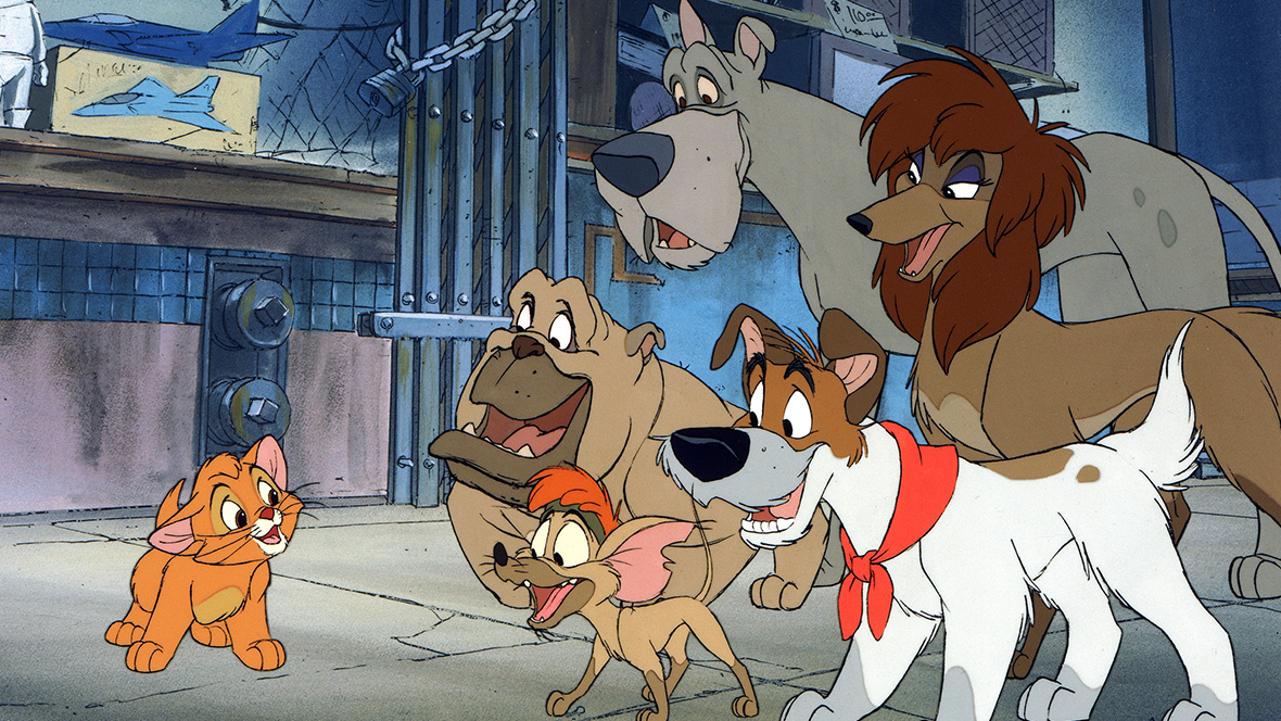 Dodger and his group of stray dogs from Oliver & Company meeting Oliver.