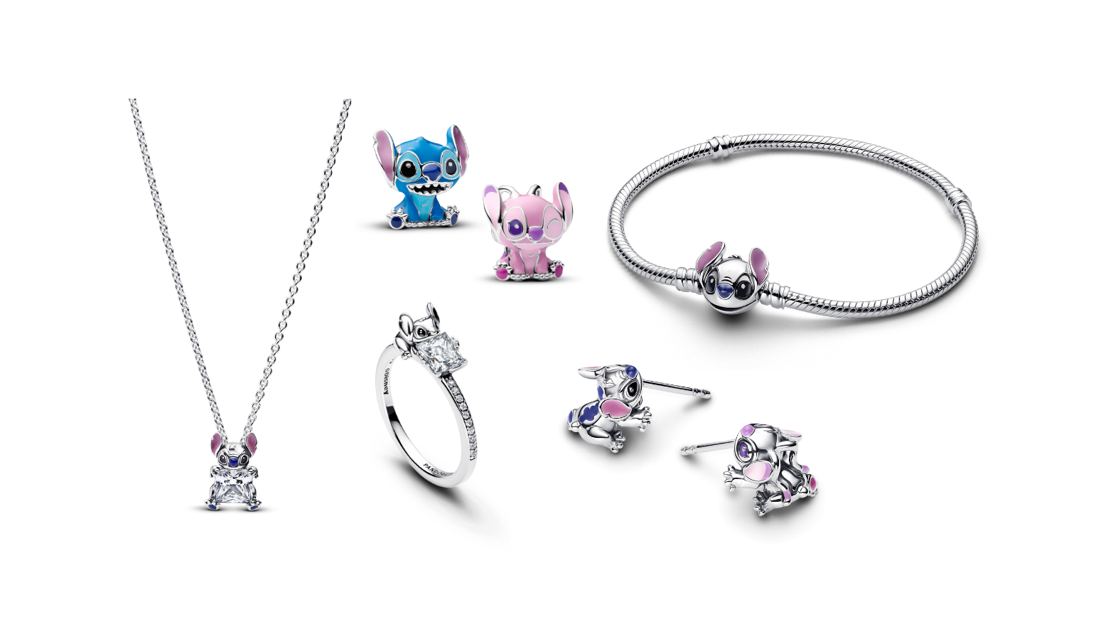 (L-R) A series of Pandora jewelry, including a silver necklace, ring, charms, earrings, and bracelet of Stitch and Angel.
