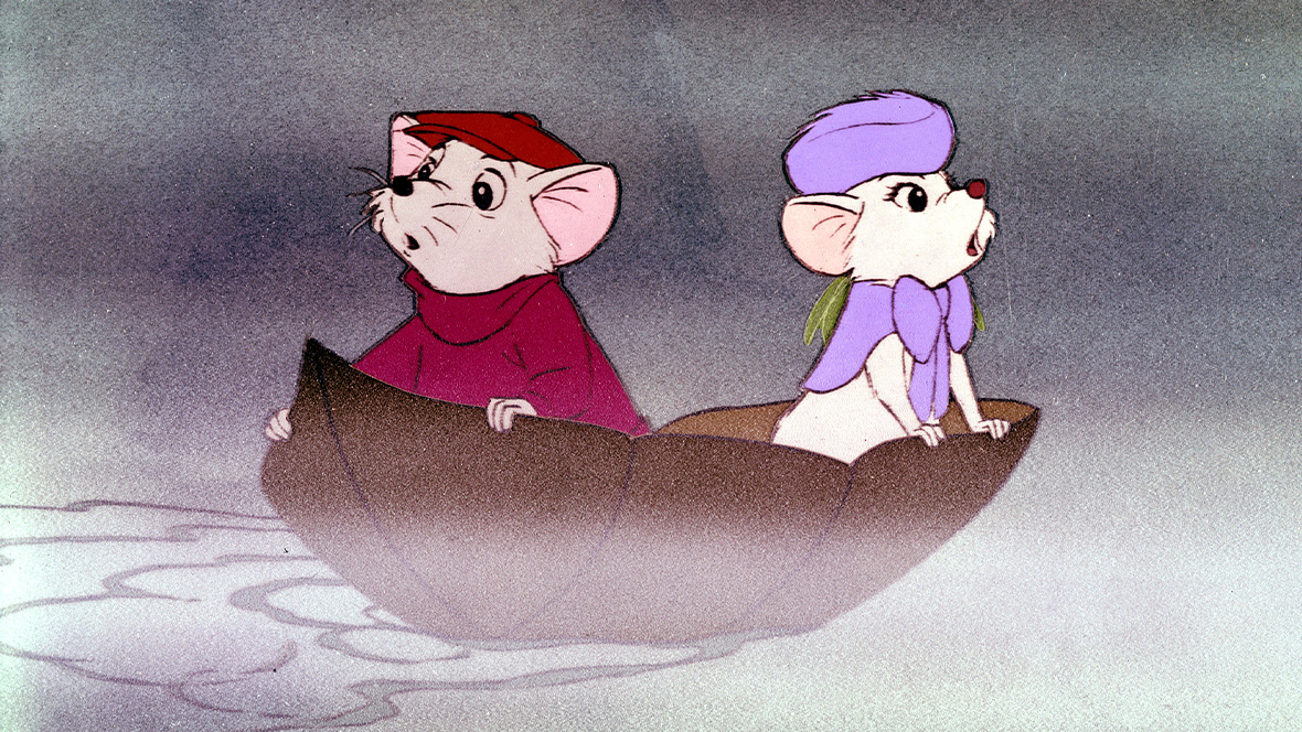 Biance and Bernard from The Rescuers travelling down a foggy river on a brown leaf.