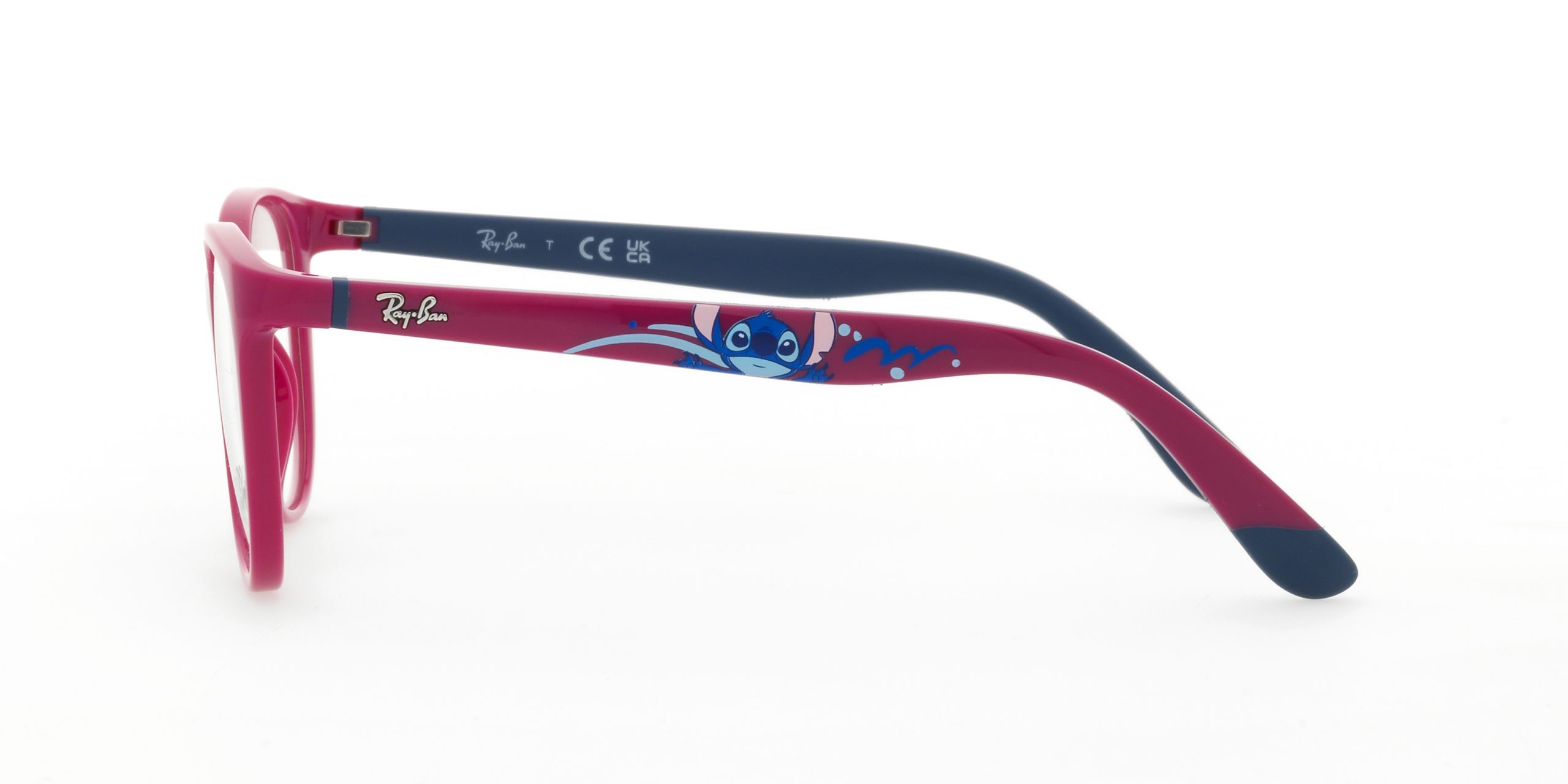 Side view of Ray-Ban’s Kids Opticals, showing a graphic of Stitch in the middle of the red temples.