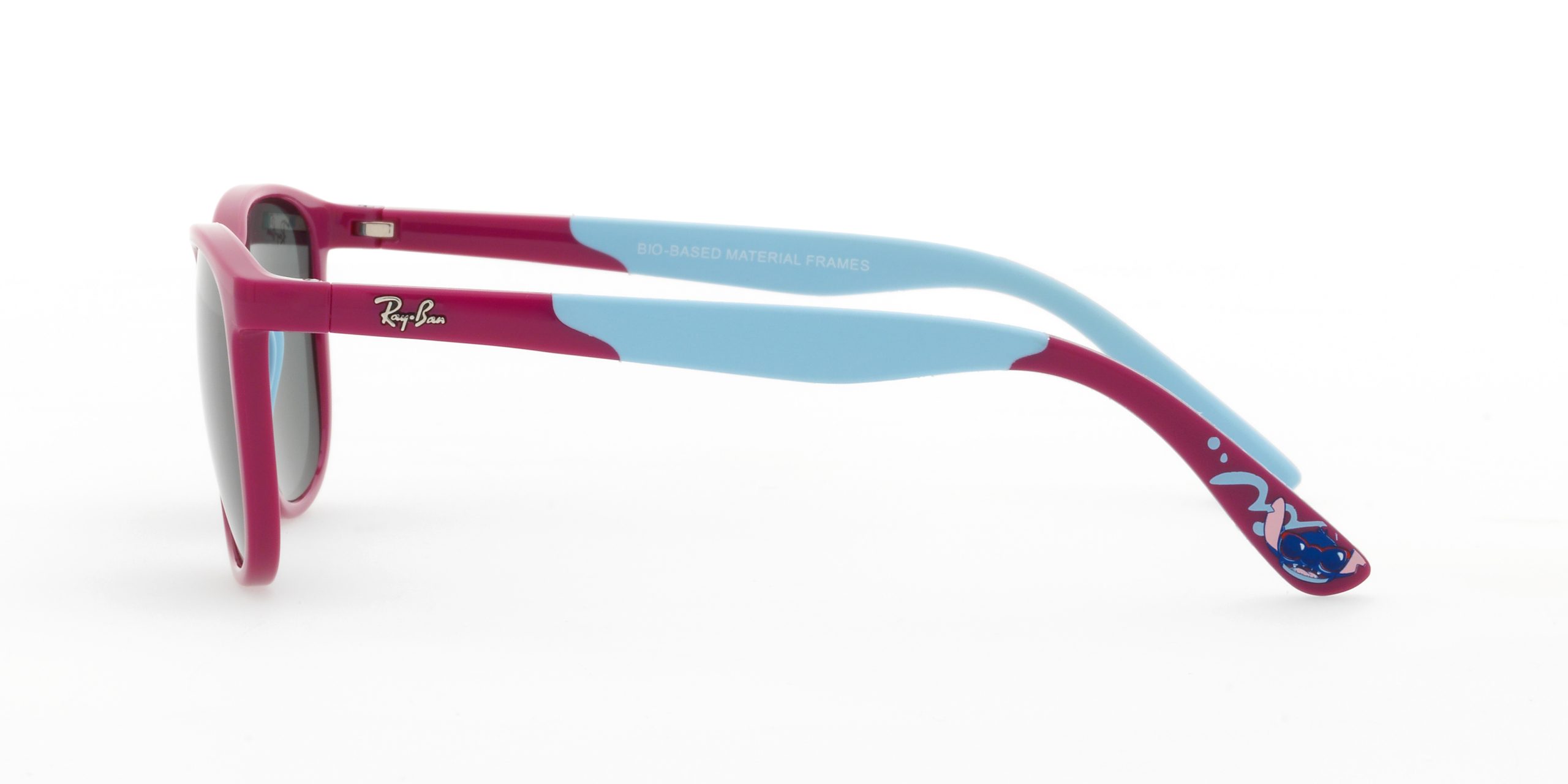 Side view of Ray-Ban’s Kids Sunglasses, showing a graphic of Stitch on the bottom of red and blue temples.