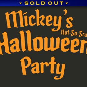 Logo for Mickey’s Not-So-Scary Halloween Party features playful orange lettering with decorative flourishes. The text has a whimsical, lite spooky style, emphasizing the event’s fun and family-friendly Halloween theme. A banner at the top reads SOLD OUT.