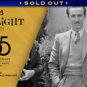 A promotional image for the D23 Spotlight Series event, “Walt Disney Archives 55th Anniversary Celebration,” taking place on June 22 at Walt Disney World Resort. The left half of the image features the D23 Spotlight Series logo on black text on a yellow background, and the 55th Anniversary logo of the Walt Disney Archives, which features a 1920s era Mickey raising a pencil towards a large “55”—and in thin smaller text, “Preserving the Magic 1970-2025.” Below that, text reads “June 22, Walt Disney World Resort.” The main part of the image, on the right, features a black-and-white photo of Walt Disney posing at the Hyperion Avenue studio lot with a Mickey Mouse plush doll manufactured by Charlotte Clark (ca. 1930). The doll has been spotlighted with a splash of colors (red, yellow, and black). A banner at the top reads SOLD OUT.