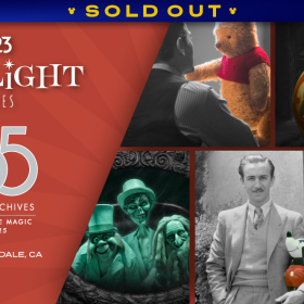 A promotional image for the D23 Spotlight Series event, “Walt Disney Archives 55th Anniversary Celebration,” taking place on June 22 at Walt Disney World Resort. The left half of the image features white text on a red background, including the D23 Spotlight Series logo and the 55th Anniversary logo of the Walt Disney Archives, which features a 1920s era Mickey raising a pencil toward a large “55”, and in thin smaller text, “Preserving the Magic 1970-2025”. Below that, text reads “June 1, Glendale, California”. The main right part of the image features a collage of black-and-white images from the Walt Disney Archives. Starting from the upper left and moving clockwise, we see a Winnie the Pooh Live-Action Reference Stand-In from Christopher Robin (2018); BB-8 from Star Wars: The Rise of Skywalker (2019); glass slippers from Cinderella (2015); Walt Disney posing with a doll of Mickey Mouse Plush Doll manufactured by Charlotte Clark (ca. 1930) at the Hyperion Avenue studio lot; and the Hitchhiking Ghosts from the Haunted Mansion attraction at Walt Disney World Resort (1971). A banner at the top reads SOLD OUT.