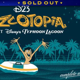 A promotional image for D23’s Kuzcotopia Night at Disney’s Typhoon Lagoon event. The main text portion in the upper right features the D23 logo in white at the top, “Kuzcotopia” in a dark yellow funhouse font with geometric accents in the middle, and the third line reads “Night at Disney’s Typhoon Lagoon.” Below the title is a graphic of a shirtless Kuzco with his arm raised in a teal, yellow and white inner tube atop light waves that span the length of the image. Above the waterline are a row of teal palm trees. On the upper right, a bright yellow Kuzcotopia in line with the “Kuzcotopia” text is sandwiched between Typhoon Lagoon’s Miss Tilly boat and Mount Mayday among stars and a crescent moon. “Complete with waterslide” in white cursive text sits on the water in the lower left. The design evokes a vintage travel postcard, adding to a sense of fun nostalgia. A banner at the top reads "SOLD OUT."