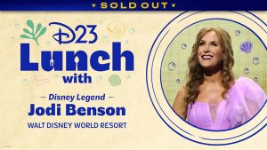 A promotional image for “D23 Lunch with Disney Legend Jodi Benson” at Walt Disney World. Artwork near “D23 Lunch with” text include drawn bubbles and seashells in a variety of pastel colors. On the right of the image is a drawn circle with a photo of Jodi Benson within the circle. Small drawn blue bubbles surround her with a light purple shell to the right.