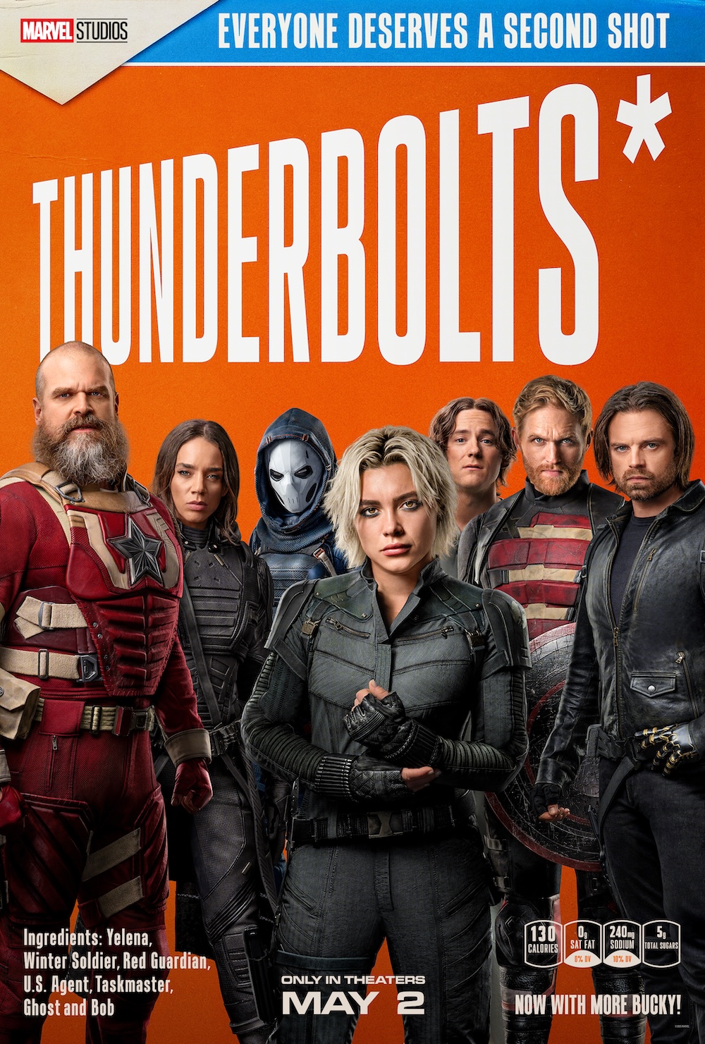 Marvel Studios' Thunderbolts *he New Avengers Marvel Studios' Thunderbolts *he New Avengers promotional poster styled like a cereal box, featuring Yelena, Winter Soldier, Red Guardian, U.S. Agent, Taskmaster, Ghost, and Bob against a bright orange background with bold white text, nutritional-style callouts, and the tagline “Everyone Deserves a Second Shot.”
