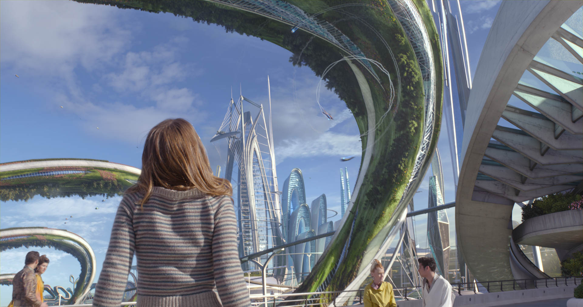 A young girl stands in awe, gazing at a breathtaking futuristic city filled with gleaming skyscrapers and massive looping transportation structures covered in greenery. Sleek buildings and flying vehicles surround her, suggesting a world of advanced technology and limitless possibility.