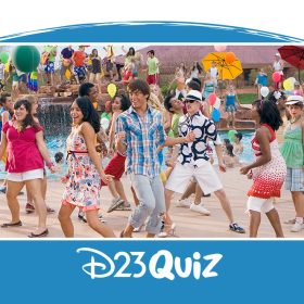 In an image from High School Musical 2 (2007), the cast is wearing brightly colored clothing and dancing near a pool.