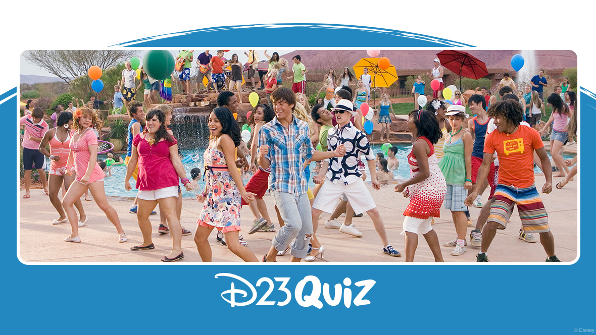 In an image from High School Musical 2 (2007), the cast is wearing brightly colored clothing and dancing near a pool.