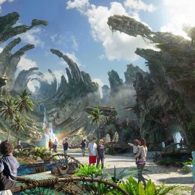 Artist rendering of Avatar expansion coming to Disney California Adventure. Rendering features curving rock structures, reaching up towards the sky, with a waterfall in the background. Multiple families are seen in the foreground, walking past lush greenery and a winding river.