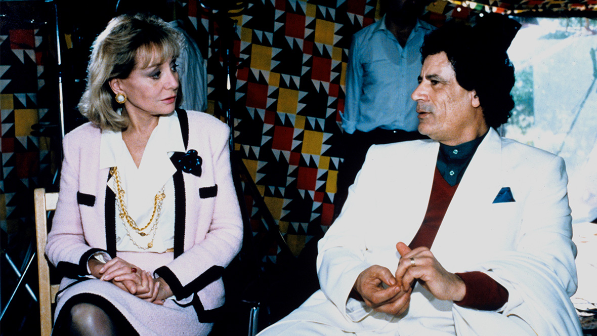 Barbara Walters talks with Muammar el- Quaddafi from his tent in Tripoli, Libya. The interview aired on 20/20 on January 27, 1989.