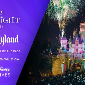 A promotional image for the D23 Spotlight Series and Walt Disney Archives event, “Disneyland— Fond Memories of the Past” on July 19 in Glendale, California. The D23, Disneyland and Walt Disney Archives logos are in white text on a blue and purple background. The right half of the image is a nighttime image of Disneyland’s Sleeping Beauty Castle, with a large crowd gathered around it and green and orange fireworks in the sky.
