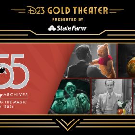 A promotional image for D23 Gold Theater & State Farm presents “Walt Disney Archives 55th Anniversary Celebration.” The left half of the image features white text on a red background, including the 55th Anniversary logo of the Walt Disney Archives, which features a 1920s era Mickey raising a pencil toward a large “55”, and in thin smaller text, “Preserving the Magic 1970-2025.” The main right part of the image features a collage of images from the Walt Disney Archives. Starting from the upper left and moving clockwise— a Winnie the Pooh Live-Action Reference Stand-In from Christopher Robin (2018); BB-8 from Star Wars: The Rise of Skywalker (2019); glass slippers from Cinderella (2015); Walt Disney posing with a Mickey Mouse Plush Doll manufactured by Charlotte Clark (ca. 1930) at the Hyperion Avenue studio lot; and the Hitchhiking Ghosts from the Haunted Mansion attraction at Walt Disney World® Resort (1971). This main image is surrounded by a black frame that reads “D23 Gold Theater presented by StateFarm.”