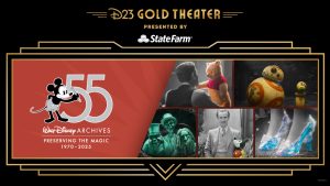 A promotional image for D23 Gold Theater & State Farm presents “Walt Disney Archives 55th Anniversary Celebration.” The left half of the image features white text on a red background, including the 55th Anniversary logo of the Walt Disney Archives, which features a 1920s era Mickey raising a pencil toward a large “55”, and in thin smaller text, “Preserving the Magic 1970-2025.” The main right part of the image features a collage of images from the Walt Disney Archives. Starting from the upper left and moving clockwise— a Winnie the Pooh Live-Action Reference Stand-In from Christopher Robin (2018); BB-8 from Star Wars: The Rise of Skywalker (2019); glass slippers from Cinderella (2015); Walt Disney posing with a Mickey Mouse Plush Doll manufactured by Charlotte Clark (ca. 1930) at the Hyperion Avenue studio lot; and the Hitchhiking Ghosts from the Haunted Mansion attraction at Walt Disney World® Resort (1971). This main image is surrounded by a black frame that reads “D23 Gold Theater presented by StateFarm.”