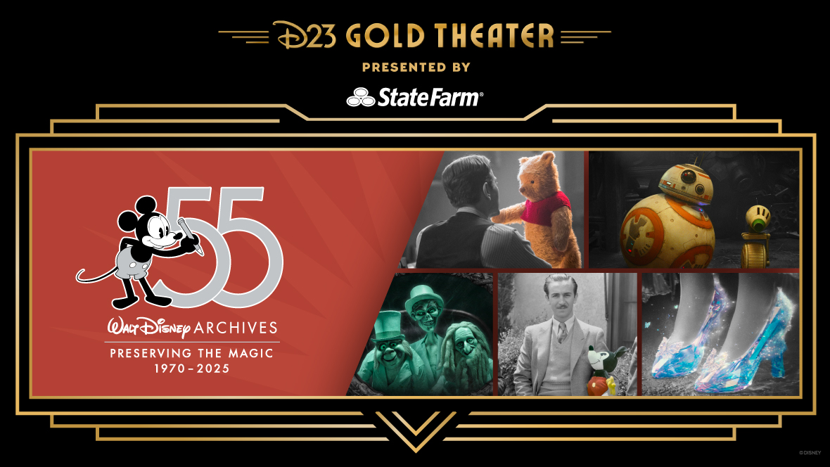 A promotional image for D23 Gold Theater & State Farm presents “Walt Disney Archives 55th Anniversary Celebration.” The left half of the image features white text on a red background, including the 55th Anniversary logo of the Walt Disney Archives, which features a 1920s era Mickey raising a pencil toward a large “55”, and in thin smaller text, “Preserving the Magic 1970-2025.” The main right part of the image features a collage of images from the Walt Disney Archives. Starting from the upper left and moving clockwise— a Winnie the Pooh Live-Action Reference Stand-In from Christopher Robin (2018); BB-8 from Star Wars: The Rise of Skywalker (2019); glass slippers from Cinderella (2015); Walt Disney posing with a Mickey Mouse Plush Doll manufactured by Charlotte Clark (ca. 1930) at the Hyperion Avenue studio lot; and the Hitchhiking Ghosts from the Haunted Mansion attraction at Walt Disney World® Resort (1971). This main image is surrounded by a black frame that reads “D23 Gold Theater presented by StateFarm.”