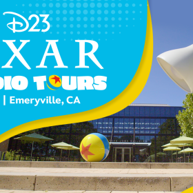 A promotional image for D23’s Pixar Studio Tours event, taking place on July 11, 2025, in Emeryville, California. The event title is in white text on a bright blue and yellow backdrop in upper left corner, and the “O” in “Tours” has been replaced by the Luxo ball (a yellow ball with a blue stripe and red star). The image prominently features a photo of Pixar Animation Studios’ Steve Jobs Building, with a large Luxo ball and statue of Luxo Jr.