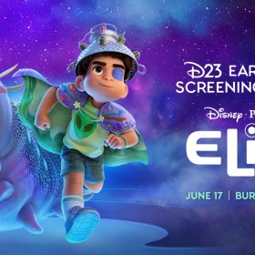 A promotional image for D23’s early fan screening of Disney and Pixar’s Elio on June 17 in Burbank, California. The left of the image features the film’s main characters, Glordon and Elio (left to right), running forward. Glordon is an eyeless creature resembling a water bear with circular layers of teeth; Elio is a young boy wearing a strainer as a headpiece, a cape, and a green alien shirt. The right of the image featuring wording describing the event and the film’s logo. The background is a galaxy of clouds, stars, blues, and purples.