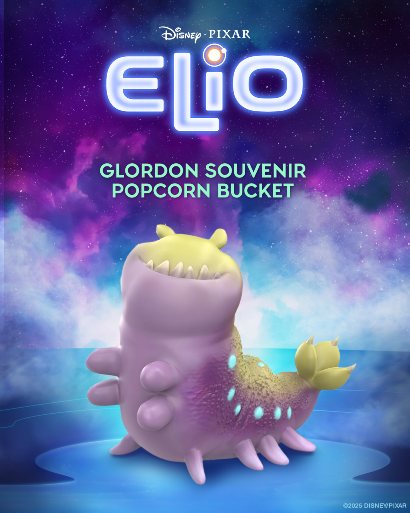 On a galaxy-themed background, the Disney & Pixar Elio title is featured on top. Underneath, there is text reading “Glordon Souvenir Popcorn Bucket”, along with an image of the popcorn bucket that resembles Glordon, a new character from Disney & Pixar’s Elio.