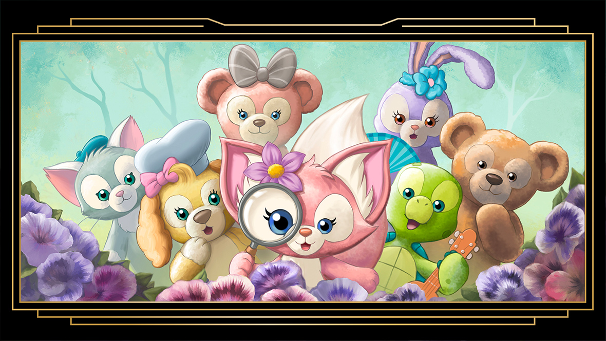 This illustration features Duffy and Friends, the beloved characters from Disney Parks, posing together in a colorful, floral garden. In the center, LinaBell, the pink fox, holds a magnifying glass playfully over her eye. Around her are Duffy the Bear, Gelatoni the cat, CookieAnn the dog, ShellieMay the bear, StellaLou the rabbit, ‘Olu Mel the turtle, and others, creating a joyful and lively group portrait.