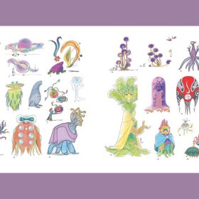 Layout from The Art of Elio book featuring multicolored character sketches of the different types of aliens in Pixar’s Elio, set against a white background.