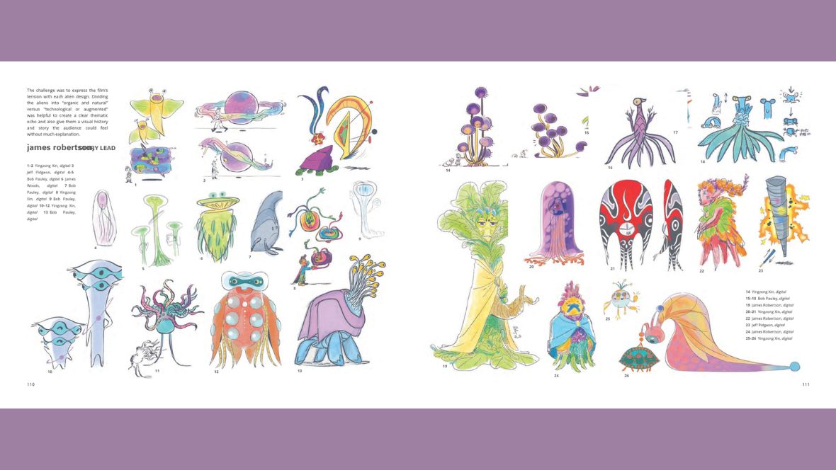 Layout from The Art of Elio book featuring multicolored character sketches of the different types of aliens in Pixar’s Elio, set against a white background.