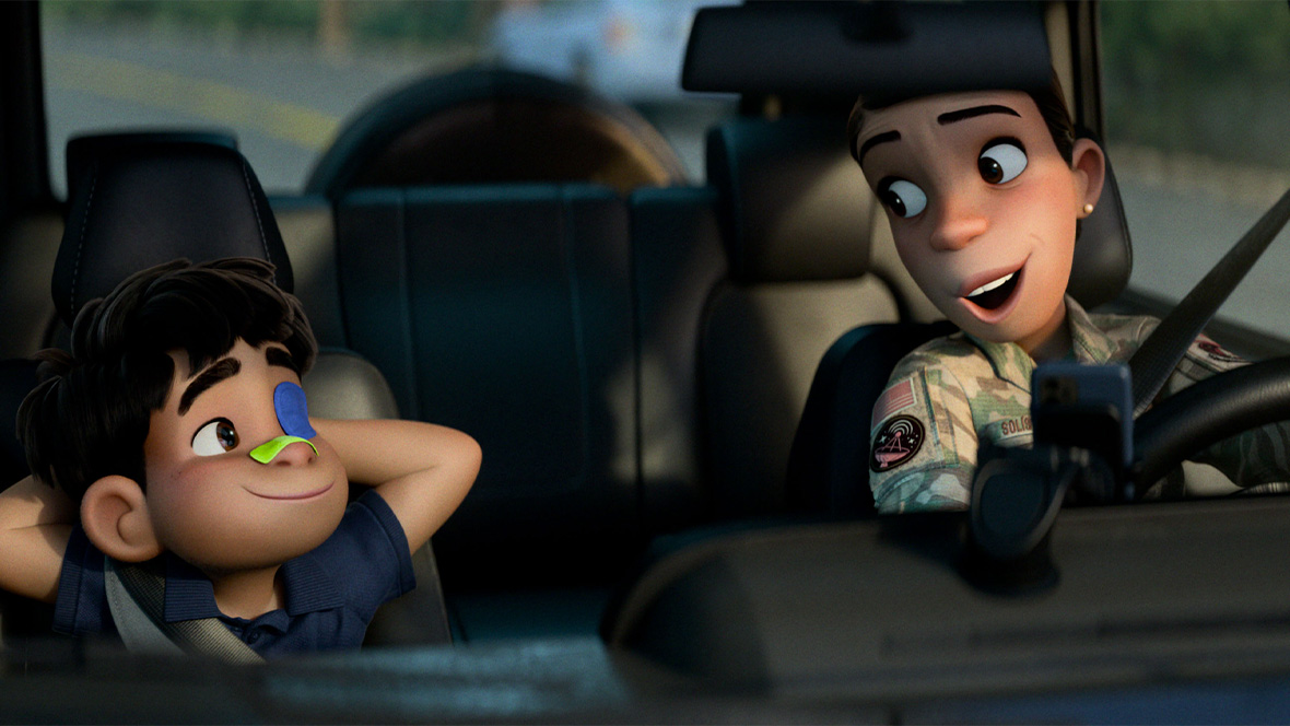 In an image from Disney and Pixar’s Elio, Elio (left), voiced by Yonas Kibreab, and Aunt Olga (right), voiced by Zoe Saldaña, are inside a car; Olga is behind the wheel. Elio has his hands behind his head and is wearing a blue shirt and has an eyepatch over one eye. Olga is wearing fatigues and is looking over at Elio.
