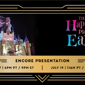 A stylized image of a marquee with “D23 Gold Theater Presented by StateFarm” centered at the top, showcasing the encore of the February D23 Gold Theater virtual event. On the left is a vintage photograph of Sleeping Beauty Castle at Disneyland Resort, with fireworks in the sky. To the right is an event logo that reads “The Happiest Place On Earth.” On the bottom is text that reads "Encore Presentation July 17 6 PM PT / 9 PM ET July 19 11 AM PT 2 PM ET