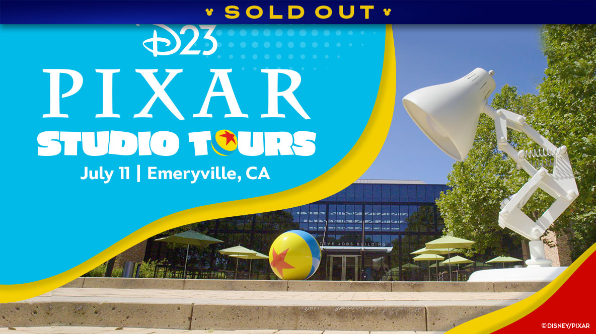 A promotional image for D23’s Pixar Studio Tours event, taking place on July 11, 2025, in Emeryville, California. The event title is in white text on a bright blue and yellow backdrop in upper left corner, and the “O” in “Tours” has been replaced by the Luxo ball (a yellow ball with a blue stripe and red star). The image prominently features a photo of Pixar Animation Studios’ Steve Jobs Building, with a large Luxo ball and statue of Luxo Jr. A banner at the top reads SOLD OUT.