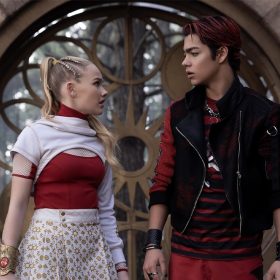 The Daywalker Nova, played by Freya Skye, and the Vampire Victor, played by Malachi Barton, face each other in a scene from ZOMBIES 4: Dawn of the Vampires.