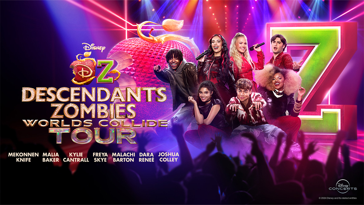 (L-R) Mekonnen Knife, Malia Baker, Kylie Cantrall, Freya Skye, Malachi Barton, Dara Reneé, and Joshua Colley, perform in key art for the Descendants/ZOMBIES: Worlds Collide tour.