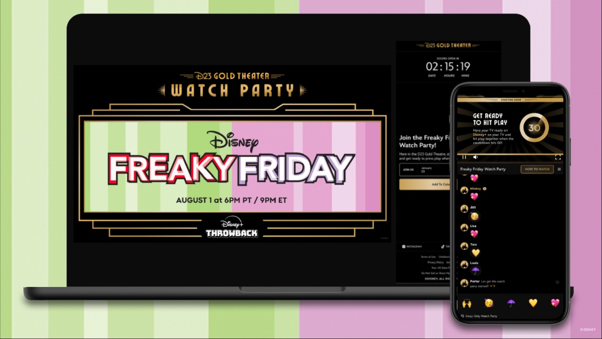 Promotional image for the D23 Gold Theater Watch Party featuring "Freaky Friday." A laptop displays the event date—August 1 at 6PM PT / 9PM ET—with retro-inspired green and pink stripes. A mobile phone shows a countdown timer and live group chat, simulating the virtual watch party experience.