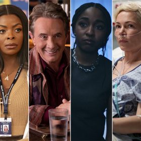 (L-R) Saw Gerrera (Forest Whitaker) in Andor, Ava Colman (Janelle James) in Abbott Elementary, Oliver Putnam (Martin Short) in Only Murders in the Building, Sydney Adamu (Ayo Edebiri) in The Bear, Molly Kochan (Michelle Williams) in Dying for Sex, and Jimmy Kimmel in Jimmy Kimmel Live