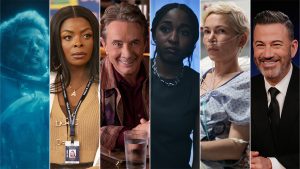 (L-R) Saw Gerrera (Forest Whitaker) in Andor, Ava Colman (Janelle James) in Abbott Elementary, Oliver Putnam (Martin Short) in Only Murders in the Building, Sydney Adamu (Ayo Edebiri) in The Bear, Molly Kochan (Michelle Williams) in Dying for Sex, and Jimmy Kimmel in Jimmy Kimmel Live
