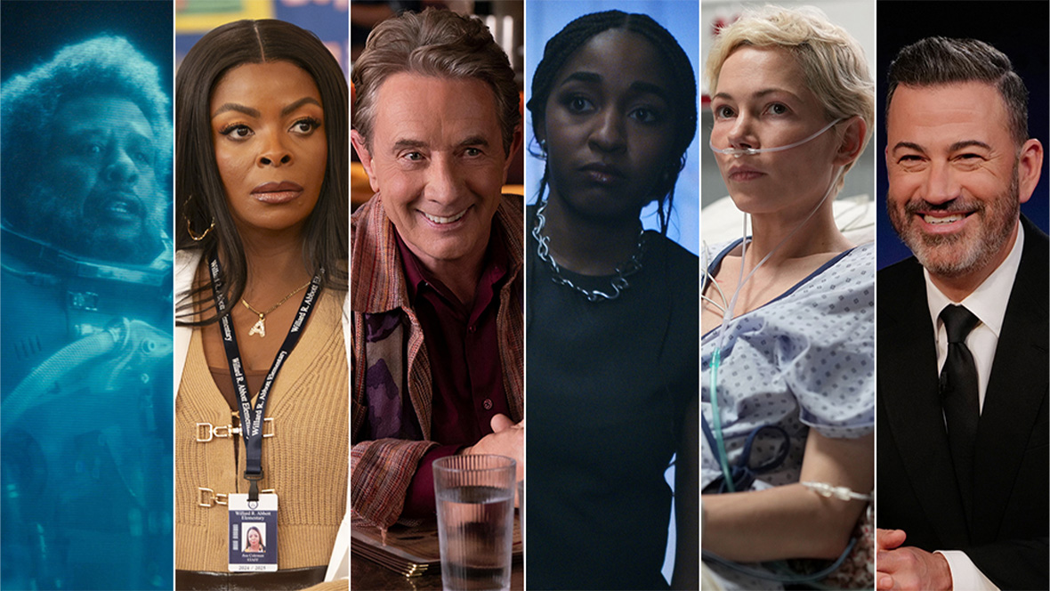 (L-R) Saw Gerrera (Forest Whitaker) in Andor, Ava Colman (Janelle James) in Abbott Elementary, Oliver Putnam (Martin Short) in Only Murders in the Building, Sydney Adamu (Ayo Edebiri) in The Bear, Molly Kochan (Michelle Williams) in Dying for Sex, and Jimmy Kimmel in Jimmy Kimmel Live