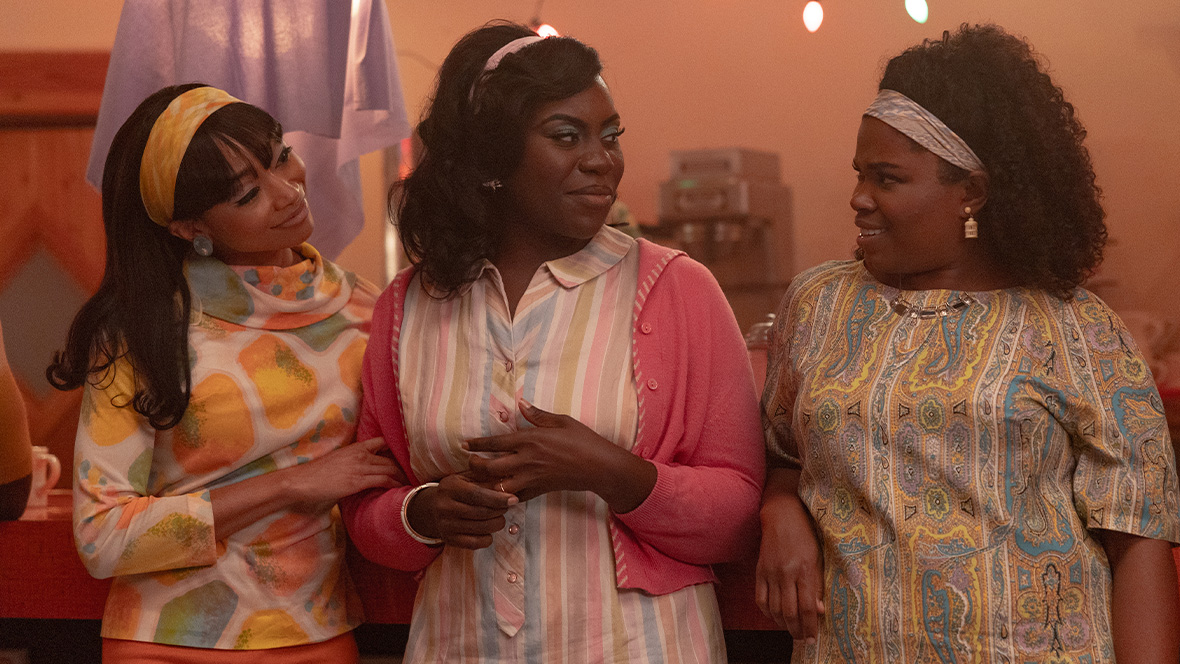 Barbara Jean (Tati Gabrielle), Clarice (Abigail Achiri), and Odette (Kyanna Simone) in The Supremes at Earl's All-You-Can-Eat