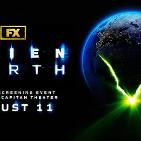 A promotional image for FX’s Alien: Earth screening event at the El Capitan on August 11, 2025. The image is set on a plain black background, with pops of text for the Alien: Earth title and date in bold white with blue detail reminiscent of a digital disturbance or sparks. The right half of the image features a view of Earth (of continental Europe, Africa, the Middle East and India, specifically) with a glowing blue aura outline. The planet has a large crack reminiscent of an egg towards the bottom half, the lines of which are in a bright white and a large green glow is being emitted from the bottom.