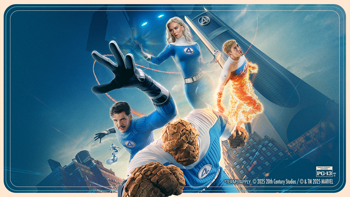 Official promotional artwork for Marvel Studios’ Fantastic Four: First Steps (2025), featuring Reed Richards (Mister Fantastic, played by Pedro Pascal) stretching his arm forward, Susan Storm (Invisible Woman, played by Vanessa Kirby) using her force-field powers, Johnny Storm (Human Torch, played by Joseph Quinn) flying with flames, and Ben Grimm (The Thing, played by Ebon Moss-Bachrach) charging forward. The futuristic Baxter Building looms in the background with the Silver Surfer faintly visible.