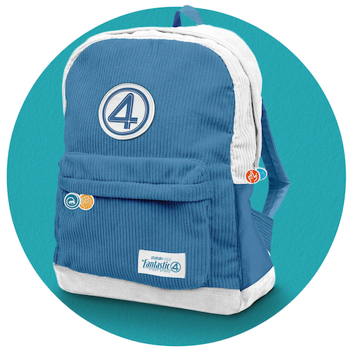 Fantastic Four lue and white corduroy backpack with Fantastic Four logo and character-themed pins, set against a teal background.