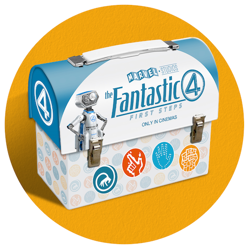 Fantastic Four Vintage-style metal storage tin with Fantastic Four branding and graphics of the team’s powers, including a robot character on the side.