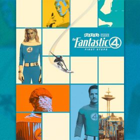 Within a grid of squares, outlined in blue, that is four squares wide and five squares tall, we see images of Mister Fantastic, aka Reed Richards (Pedro Pascal); Sue Storm, aka Invisible Woman (Vanessa Kirby); the Human Torch, aka Johnny Storm (Joseph Quinn), and The Thing, aka Ben Grimm (Ebon Moss-Bachrach), along with an image of a cityscape with a space needle-like tower and the logo for the movie, Marvel Studios’ The Fantastic Four: First Steps. In one corner is a round stamp with white writing that reads D23 Exclusive.