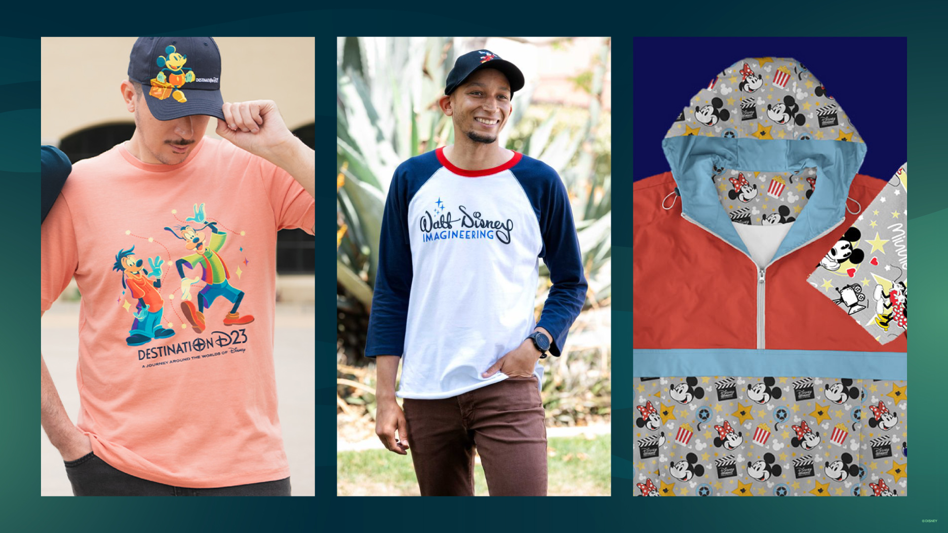 Three-panel image showcasing Disney-themed apparel: left, a man wears a coral Destination D23 t-shirt featuring Goofy and Max along with a navy cap embroidered with Mickey Mouse; center, a man smiles in a white and navy Walt Disney Imagineering baseball tee with red collar; right, a red and blue hooded jacket with a lining patterned in Minnie Mouse, film icons, and popcorn, alongside a matching pouch.