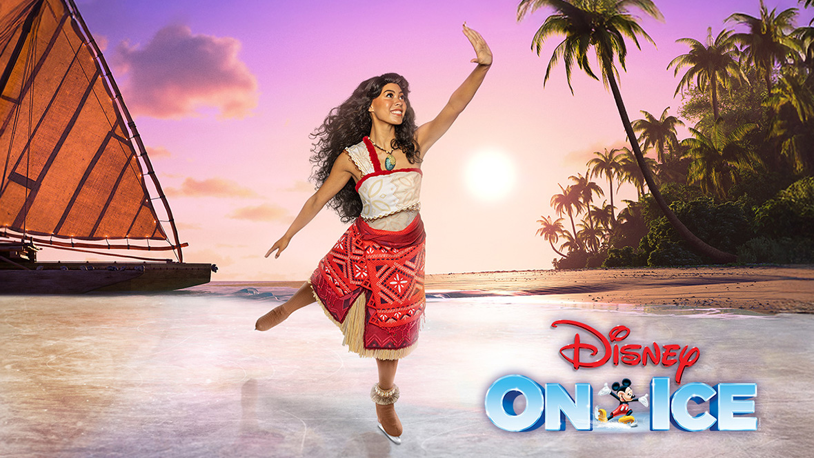 Gold Member Offer: Save 23% on Disney On Ice in Orlando, FL An ice skater dressed as Moana glides along the ice with her hand in the air. The background is a beach setting complete with a shoreline, palm trees, and a sunset turning the sky a purplish-orange hue. In the far background is Moana’s immediately recognizable boat.